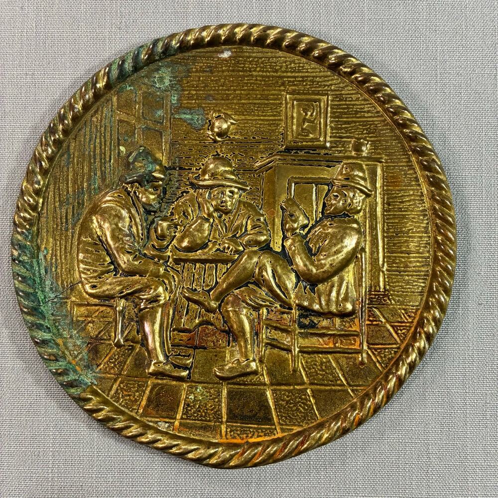 Vintage Embossed Brass Dutch Tavern Scene Wall Plaque 6.5” Folk Art Decor